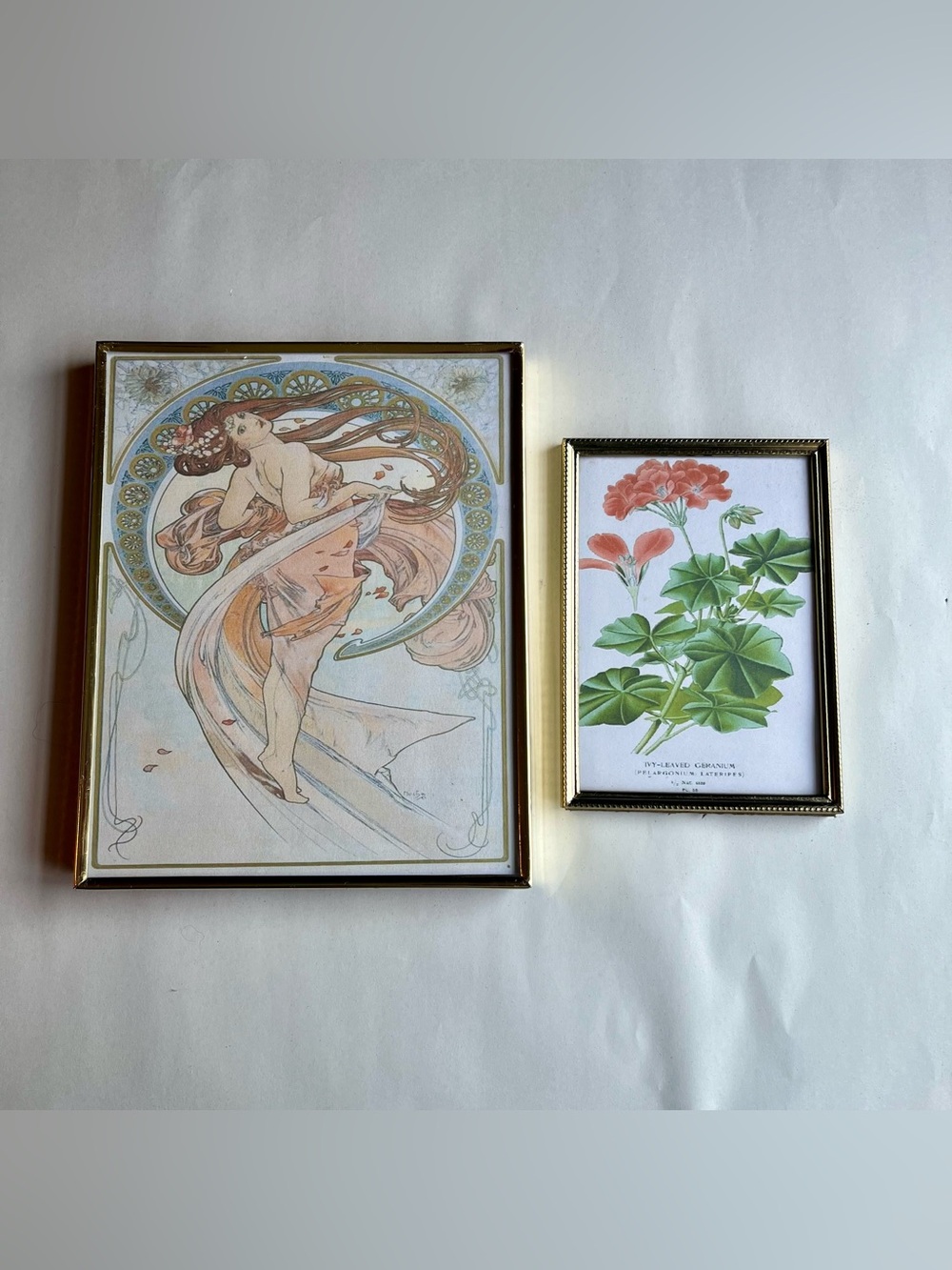 Vintage Brass Picture Photo Frames w/ Fine Art Prints-Set of 2
